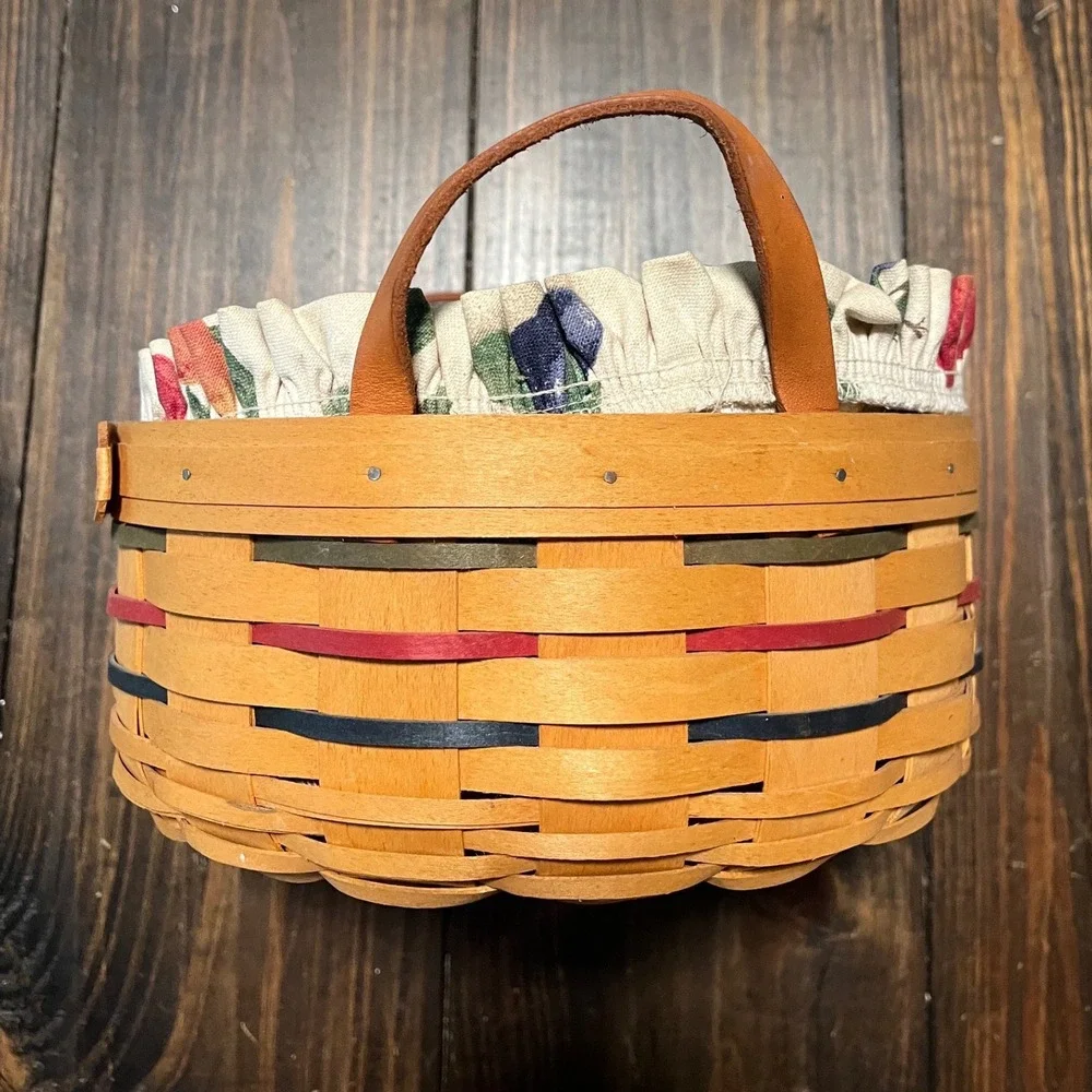 Longaberger Woven Round Basket with Leather Handles and Fruit Pattern Liner